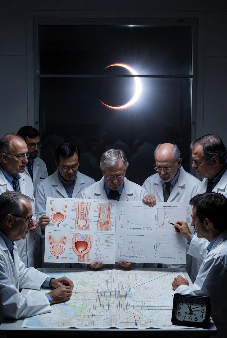 A bunch of scientists showing illustrations of urological anatomy, with a solar eclipse in the background through the window.