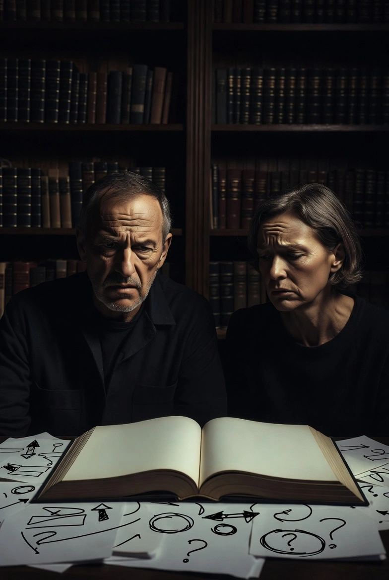 Two people in front of a book looking as if they understand nothing. A middle-aged man and woman, dressed in black; the background is a library of old books.