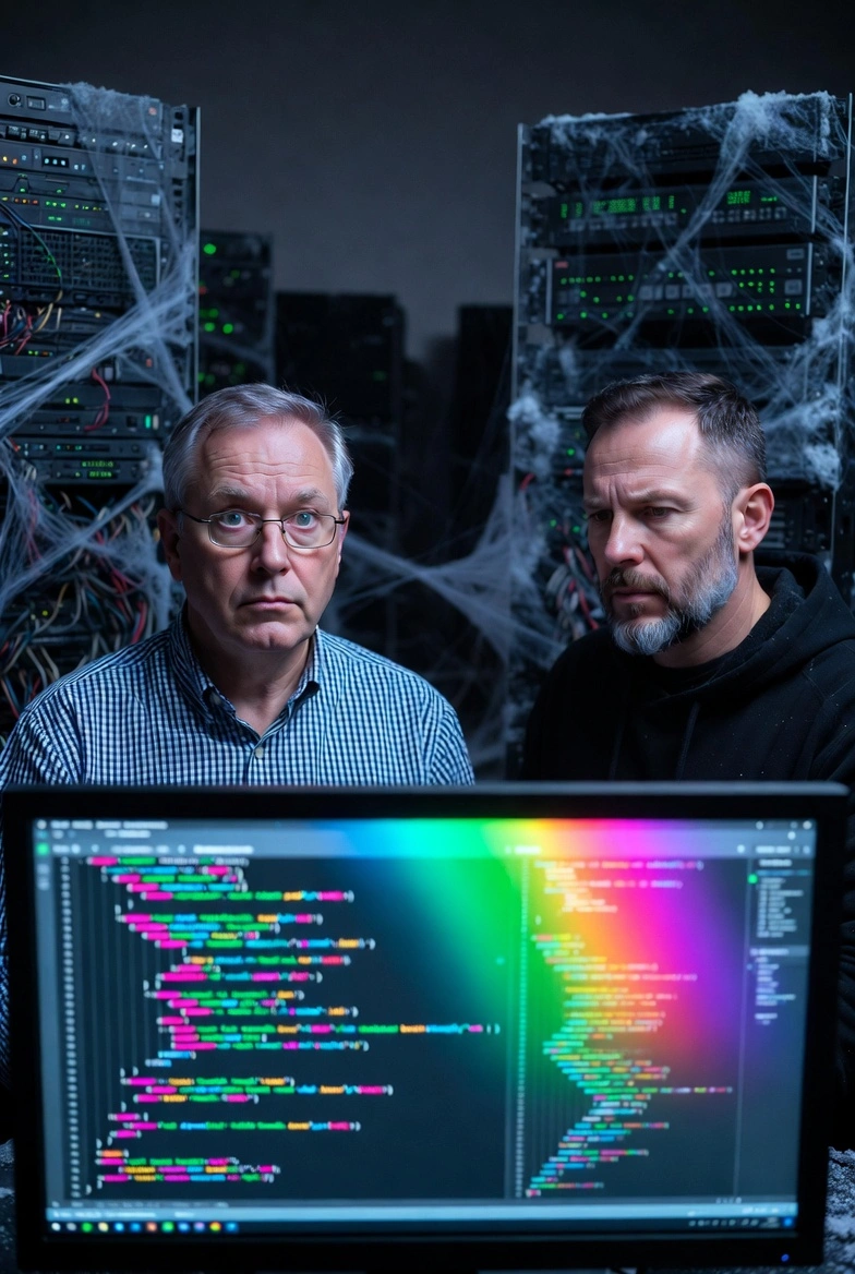 Two software engineers looking concerned behind a screen showing colored code. Behind them, a server rack covered in cobwebs.