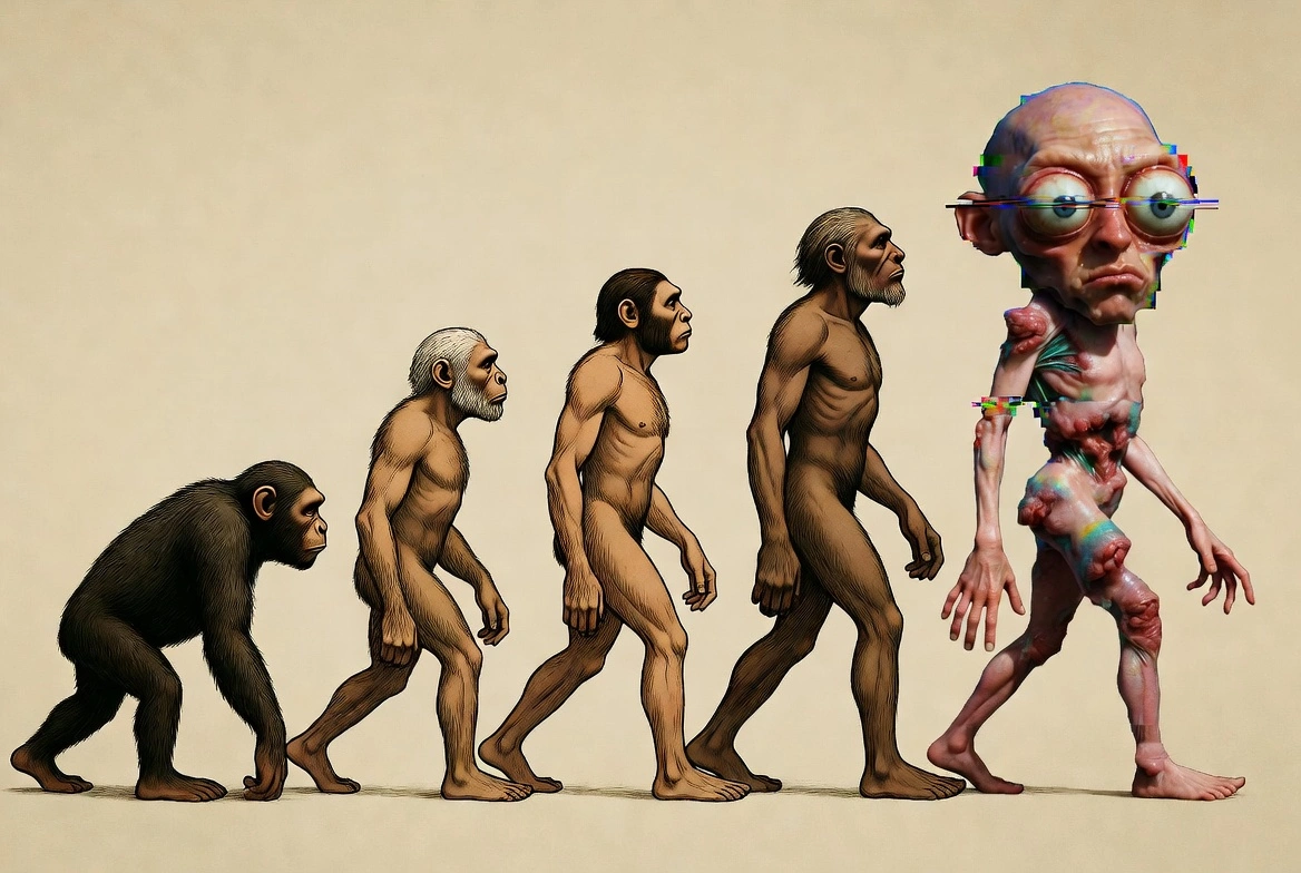 El típico cartel de la evolución humana desde simio a sapiens, pero que termina con un engendro claramente generado por una IA de las primerizas.